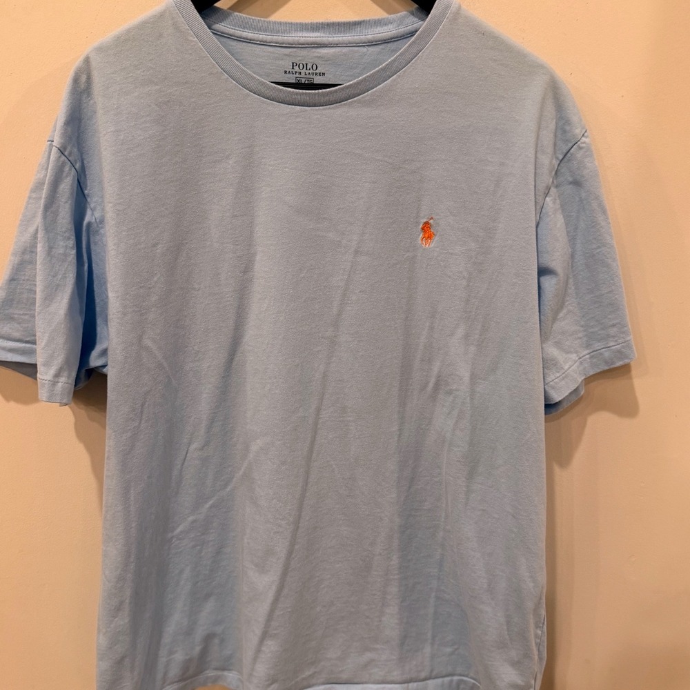 Polo Ralph Lauren Mens XL Light Blue Short Sleeve Cotton TShirt Orange Pony Logo
